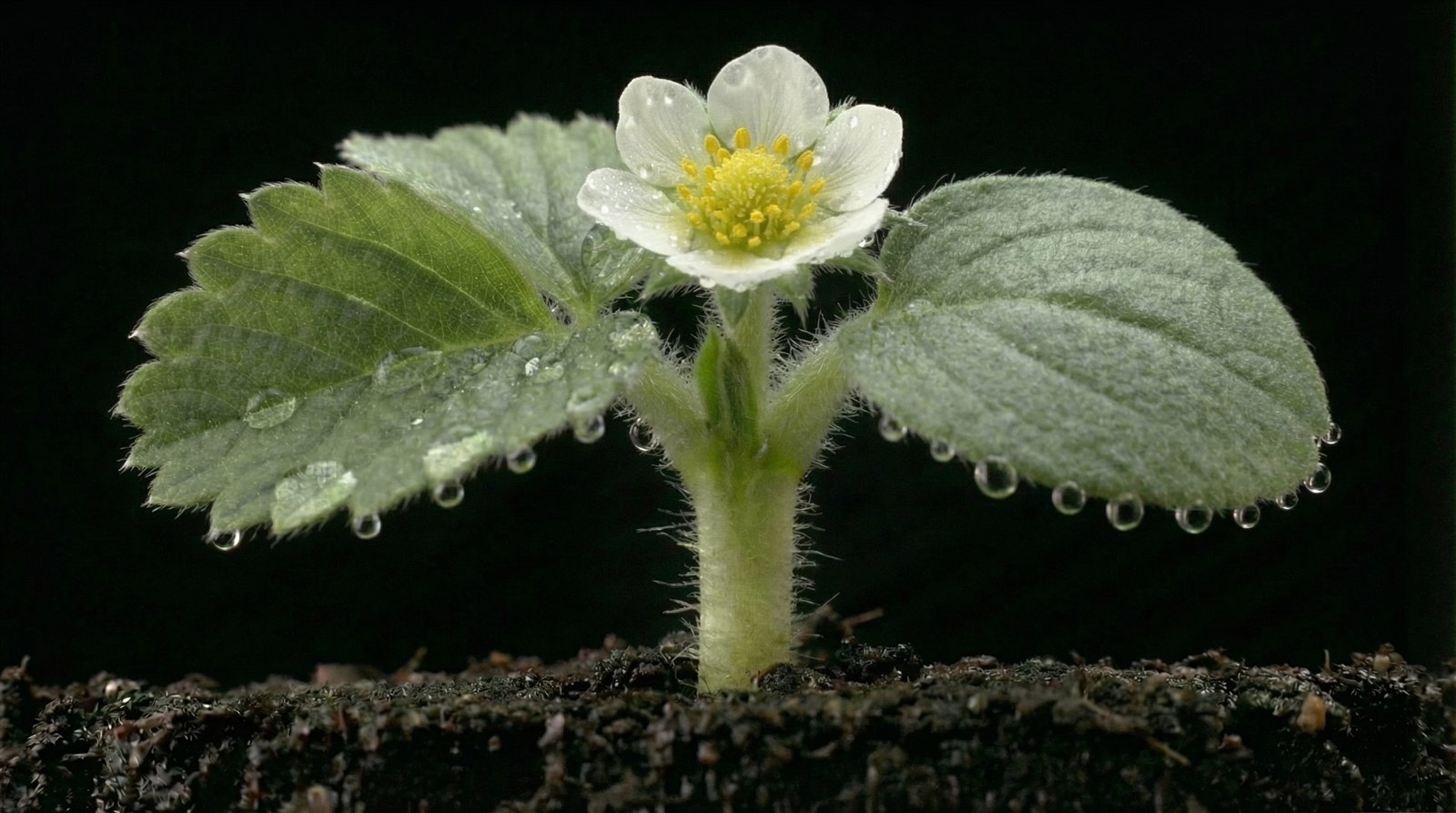 Flor de fresa abierta sobre fondo oscuro.